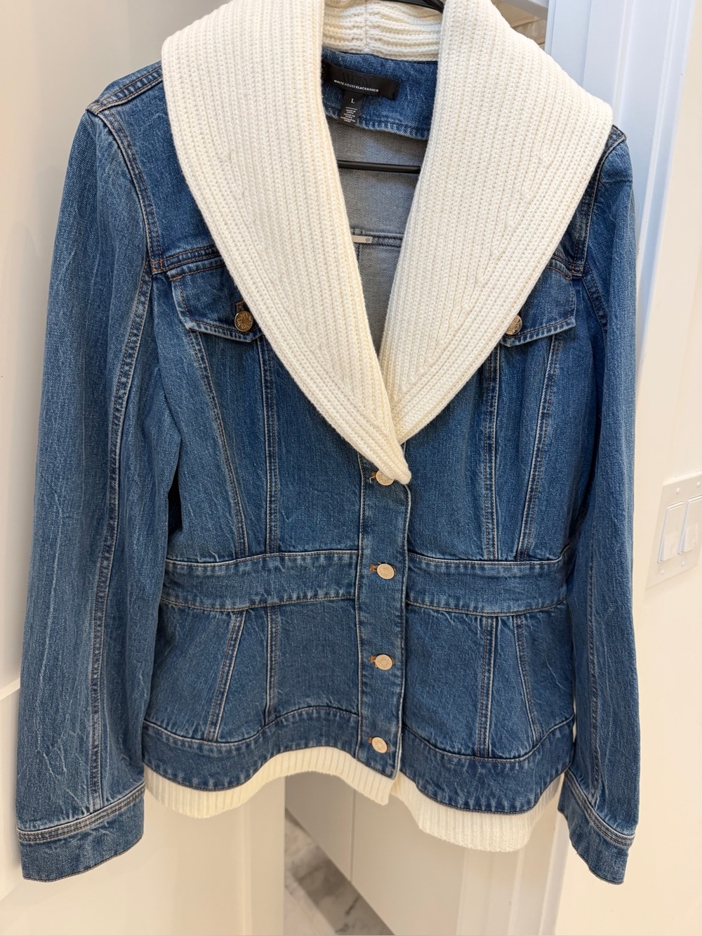 NWOT White House Black Market Denim Jacket with Cream Knit Collar and bottom